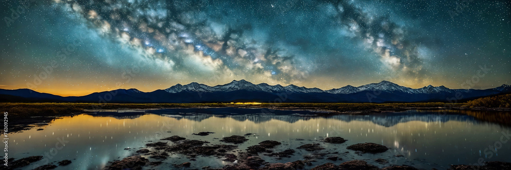Marvel of a starry night sky in a remote location, with a silhouette of a distant mountain