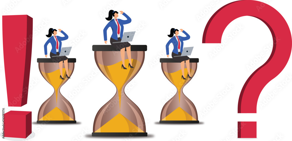 A countdown, a set amount of time to make a decision or solve a problem, and an isometric tangle of businesswomen sitting on an hourglass between a question mark and an exclamation point A countdown, a set amount of time to make a decision or solve a problem, and an isometric tangle of businesswomen sitting on an hourglass between a question mark and an exclamation point