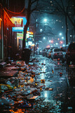 Garbage and trash on the street after rain at night