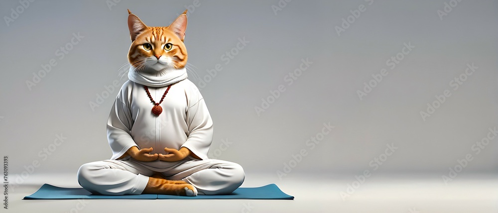 A human cat sitting in yoga mediation pose on a plain background - obrazy, fototapety, plakaty 