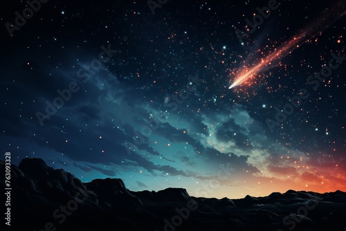 A dynamic night sky filled with stars and a shooting star streaking across, leaving a glowing trail behind. The shooting star stands out against the backdrop of twinkling stars