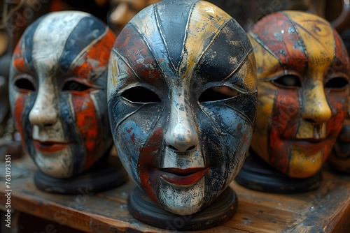 Group of Masks on Wooden Table
