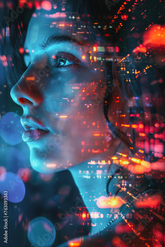 The face of young woman is illuminated by digital 3D rendering of data and abstract graphics.