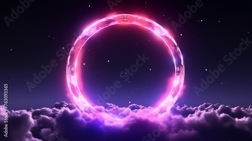 Glowing neon ring circle on a dark background with clouds or smoke. Decorative horizontal banner. Digital artwork raster bitmap illustration. Purple, pink and blue colors. AI artwork.