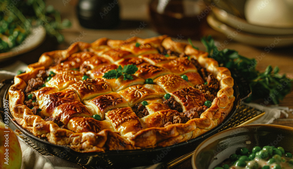 Homemade meat pie with green peas and mushrooms in cast iron skillet - obrazy, fototapety, plakaty 