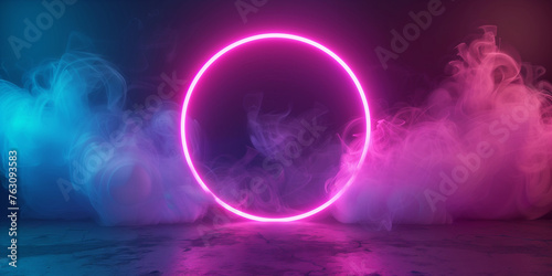 Glowing neon ring circle on a dark background with clouds or smoke. Decorative horizontal banner. Digital artwork raster bitmap illustration. Purple, pink and blue colors. 