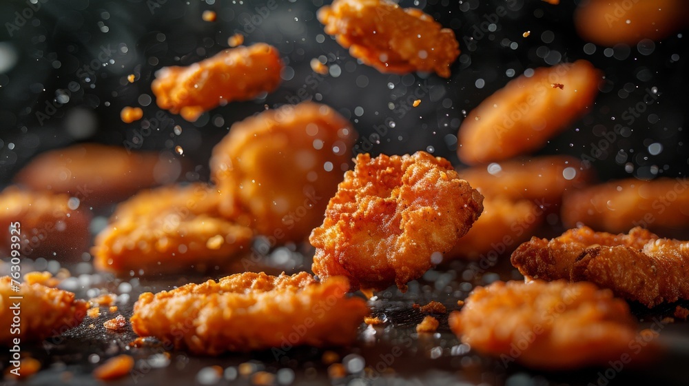 Fried popcorn chicken falling in the air.