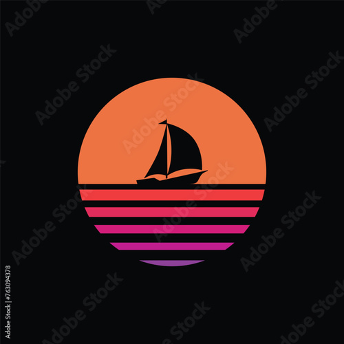 sailboat silhouette on sunset logo vector, simple flat design illustration