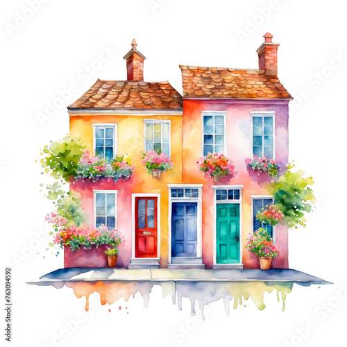 cobblestone street, pastel colored houses, window boxes, city street, colorful houses, flower pots, charming village, watercolor painting, vector illustration, clipart, cutout on white backrground photo