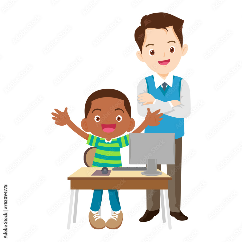 happy teacher and student learning computer