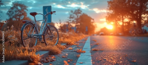 The traffic sign depicts a white bicycle on a blue square iron board with a rising sun in the background #763094943