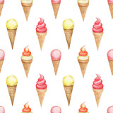 Watercolor seamless pattern with colorful ice creams. Print with ice cream in a cone of different flavors and colors. Taste of strawberry, melon, lemon, cherry, pineapple. Background design and decora