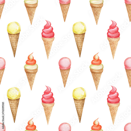 Watercolor seamless pattern with colorful ice creams. Print with ice cream in a cone of different flavors and colors. Taste of strawberry, melon, lemon, cherry, pineapple. Background design and decora