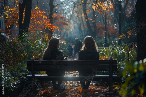 Romantic couple in love sitting on park bench.