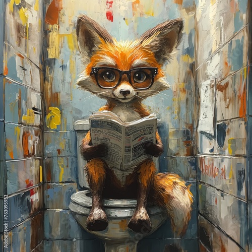 Funny caricature artwork of fox wearing glasses sitting in the bathroom reading newspaper