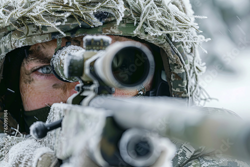 Sniper in a winter camouflage shoots from a rifle