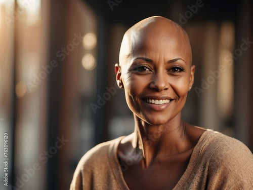 Happy attractive charming implemented middle-aged dark-skinned woman with a bald head and alopecia disease looks and smiles. Sincere positive emotions. Wellbeing, self care, emotional support.  photo