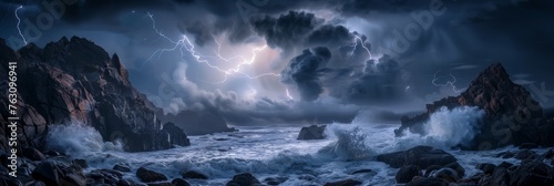 Intense storm  crashing waves  ominous sky  lightning flashes  Generative AI