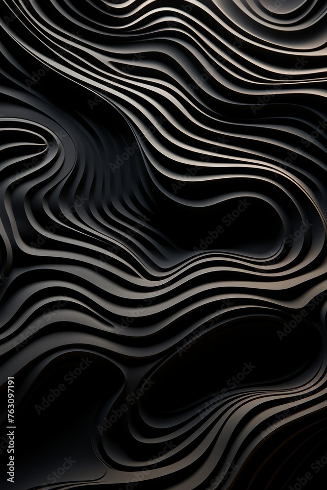 A black background features wavy lines that vary in thickness and curve in different directions. The lines create a dynamic and visually striking composition