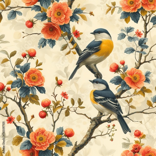 Colorful birds on tree branches painting © ARTenyo