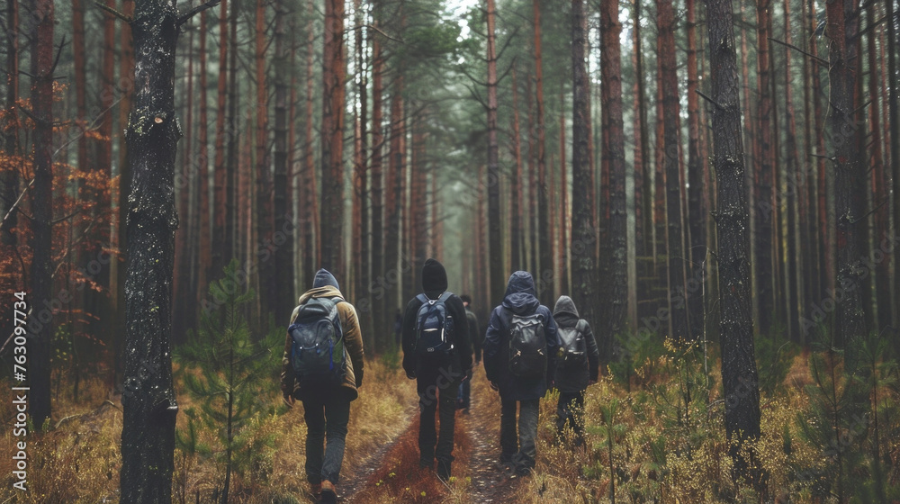 Group of individuals walking in a forest surrounded by tall trees and lush greenery