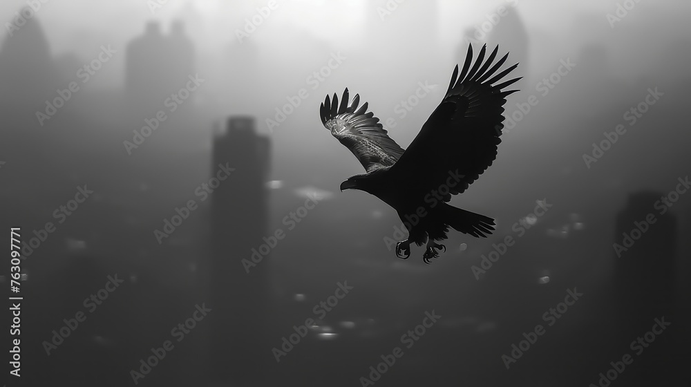 Obraz premium An eagle flying over a city