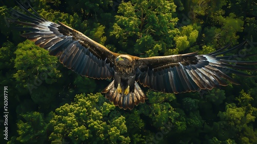 An eagle flying over a forest photo