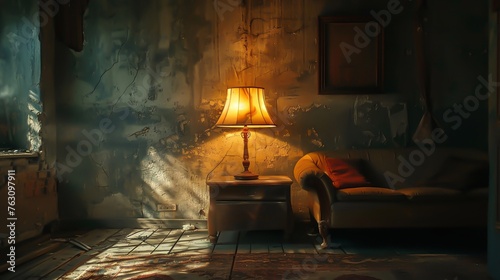 A lamp on a table in an old house