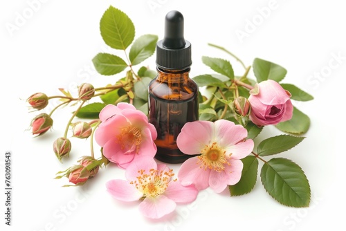 wild rose aromatic oil on white background, cosmetic product, exquisite ingredient for perfumes and cosmetic