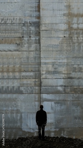 Man standing in front of a large concrete wall