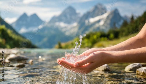 Holding clean river water in hands in nature, mountains, forest,
