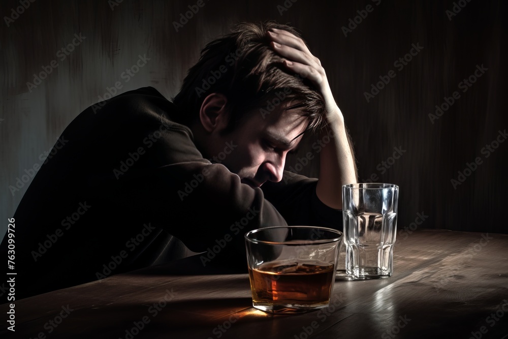 Man with head in hand, whiskey glass on table, in dim light Man with head in hand, whiskey glass on table, in dim light