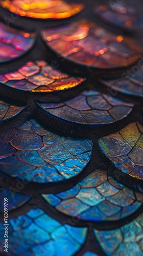Close-up of iridescent mosaic tiles with vibrant colors