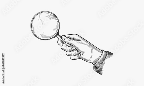 Vector illustration of zoom tool for observing research analysis small objects. Man male hand holding old magnifying glass. Vintage hand drawn style. photo
