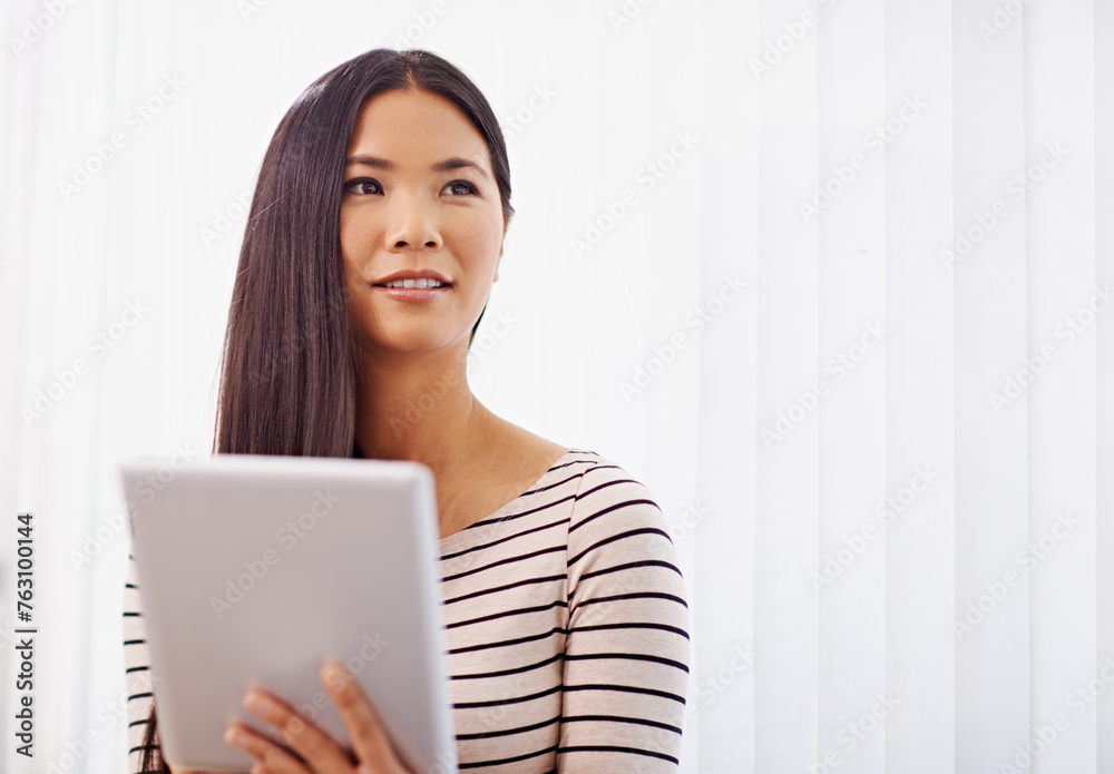 Asian woman, thinking and tablet for creative career in web development, information technology and thoughts for app. Japanese girl or designer, digital tech and internet for startup online website. Asian woman, thinking and tablet for creative career in web development, information technology and thoughts for app. Japanese girl or designer, digital tech and internet for startup online website.