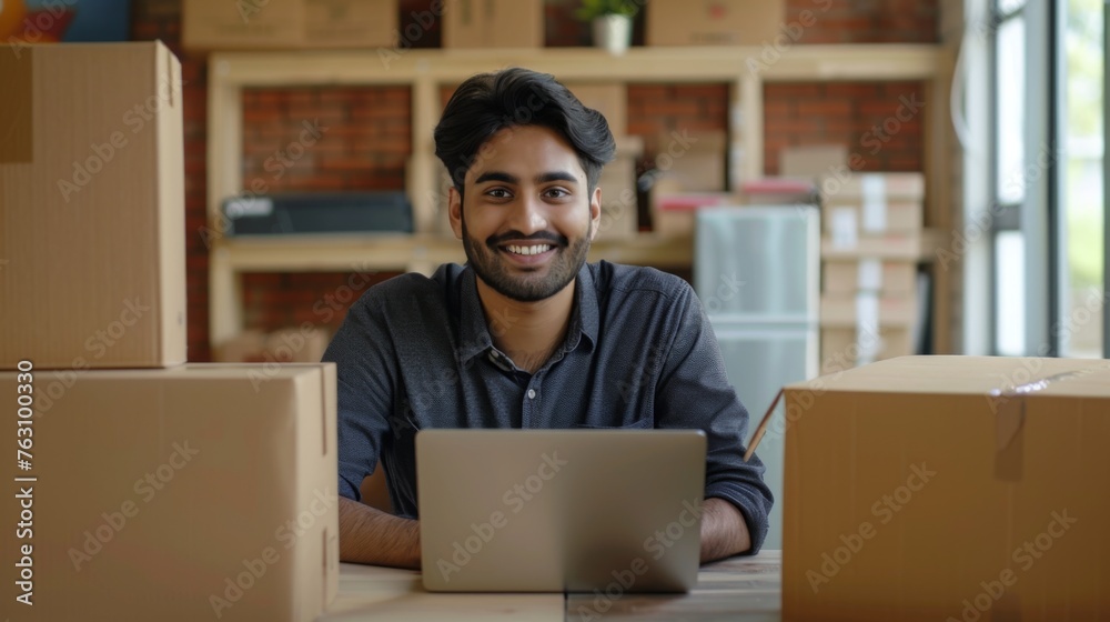 Small business owner is working on a laptop in the warehouse Small business owner is working on a laptop in the warehouse