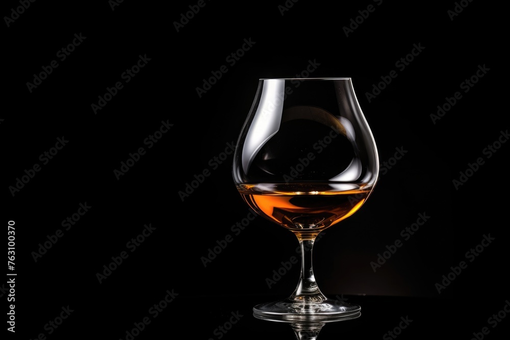 A sumptuous brandy in a tulip-shaped glass, exhibiting a warm amber hue, poised on a dark backdrop to accentuate its rich color. Sophisticated Brandy Glass with Warm Amber Spirit