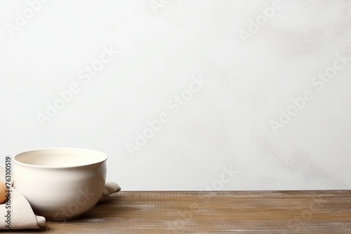 A simple yet elegant ceramic bowl on a rustic wooden table, set against a soft white background, embodying a minimalist aesthetic. Minimalist Ceramic Bowl on Wooden Table