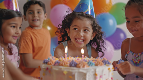 A smiling child with blue eyes looks directly at the camera, surrounded by friends and a birthday cake with candles.