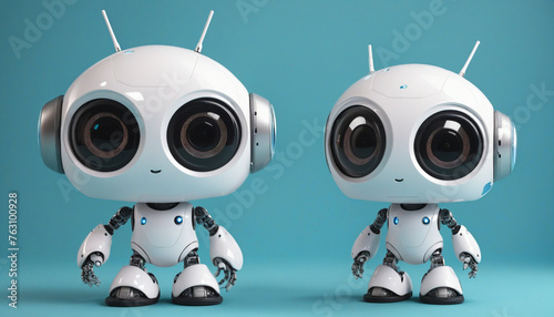 Two Adorable Friendly robots with large expressive eyes on a blue background