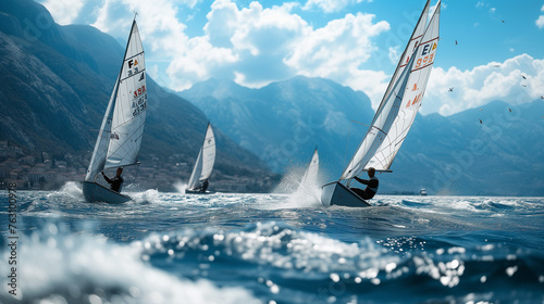 Two yachts at sea with high waves in sunny weather. Copy space. Sailing regatta.