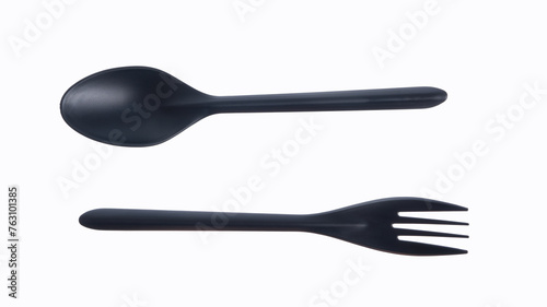 black plastic spoon and fork isolated on white background