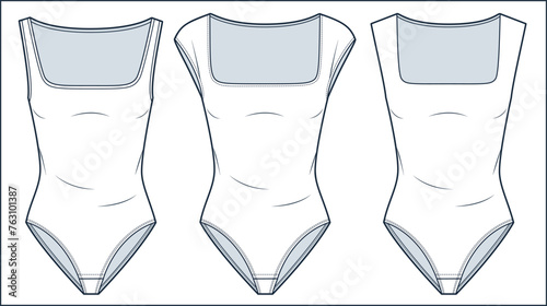 Square Neck Bodysuits technical fashion illustration. Set of Bodysuits fashion flat technical drawing template, sleeveless, slim fit, front view, white, women, men, unisex CAD mockup set.