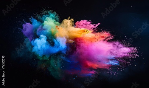 Colorful explosion of vibrant rainbow colors paint powder and smoke on black background