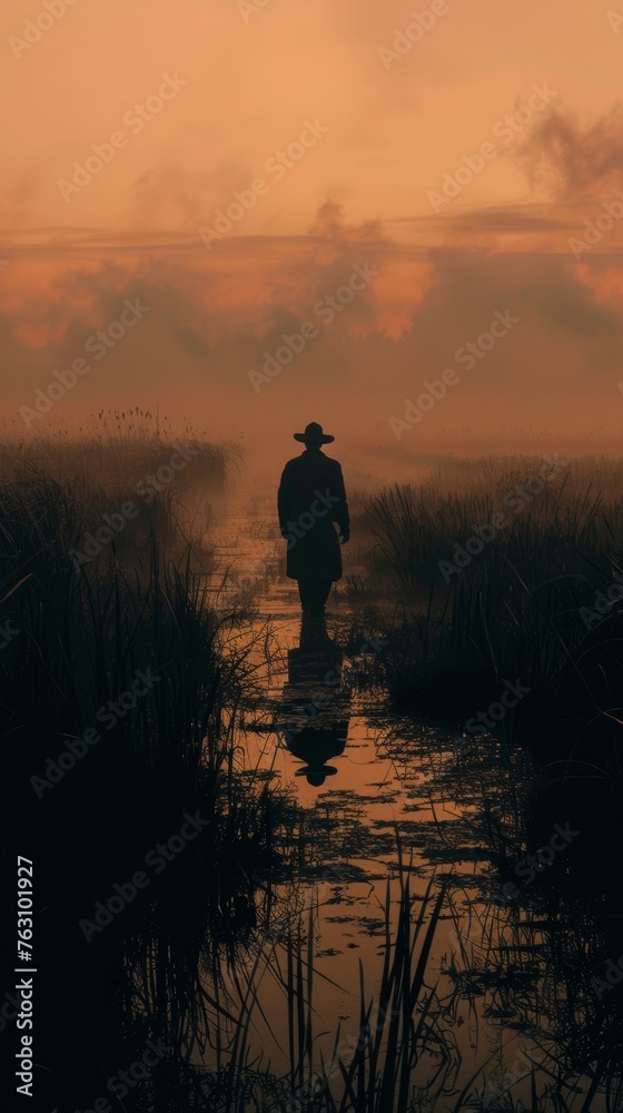 Silhouette of a man walking on a misty marsh at sunrise
