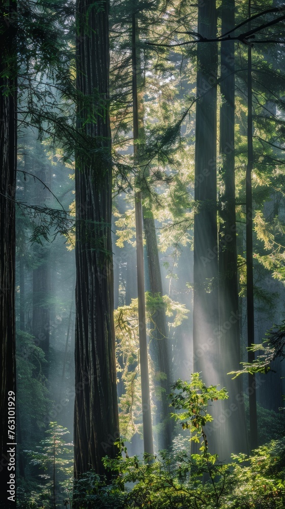 Fototapeta premium Sunbeams filtering through tall trees in forest