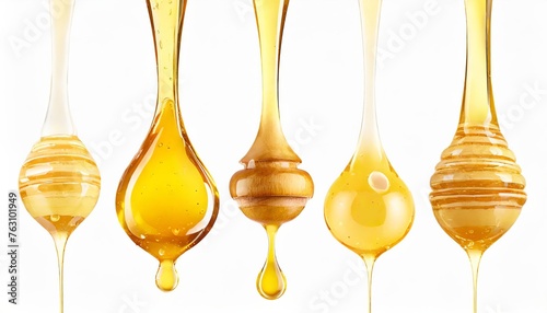 Set of drops of oil or honey, viscous fluid or syrup, isolated on a white background. PNG cutout or clipping path. 