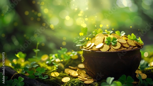 an image featuring a pot brimming with St. Patrick's Day-inspired gold coins and clover leaves, perfectly blending with a rich green background