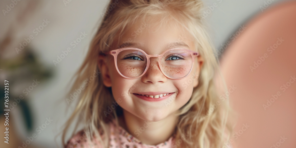 Portrait of smiling small girl with pink glasses. Children weak eyesight, myopia or astigmatism concept. Portrait of smiling small girl with pink glasses. Children weak eyesight, myopia or astigmatism concept.