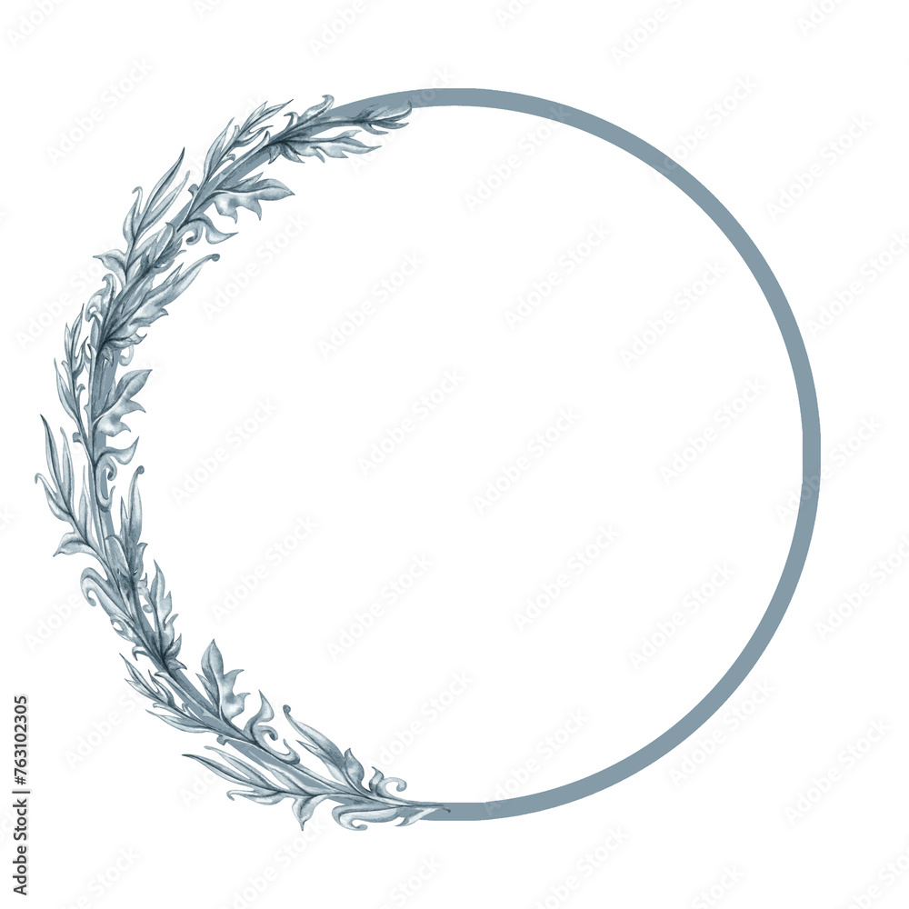 Watercolor monochrome gray round frame of abstract plant patterns and branches with leaves for borders, frames, background, textiles, fabrics, cards, stickers, scrapbooking, invitations, greetings Watercolor monochrome gray round frame of abstract plant patterns and branches with leaves for borders, frames, background, textiles, fabrics, cards, stickers, scrapbooking, invitations, greetings